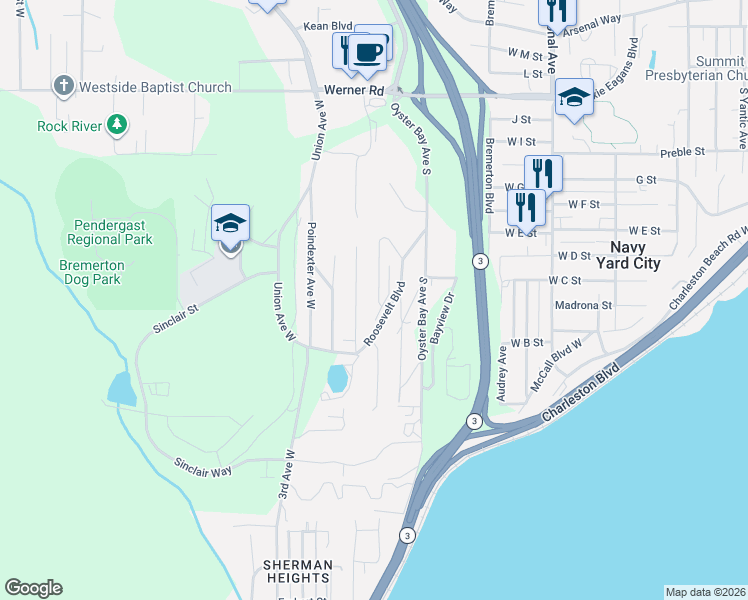 map of restaurants, bars, coffee shops, grocery stores, and more near 1270 Lansing Avenue West in Bremerton