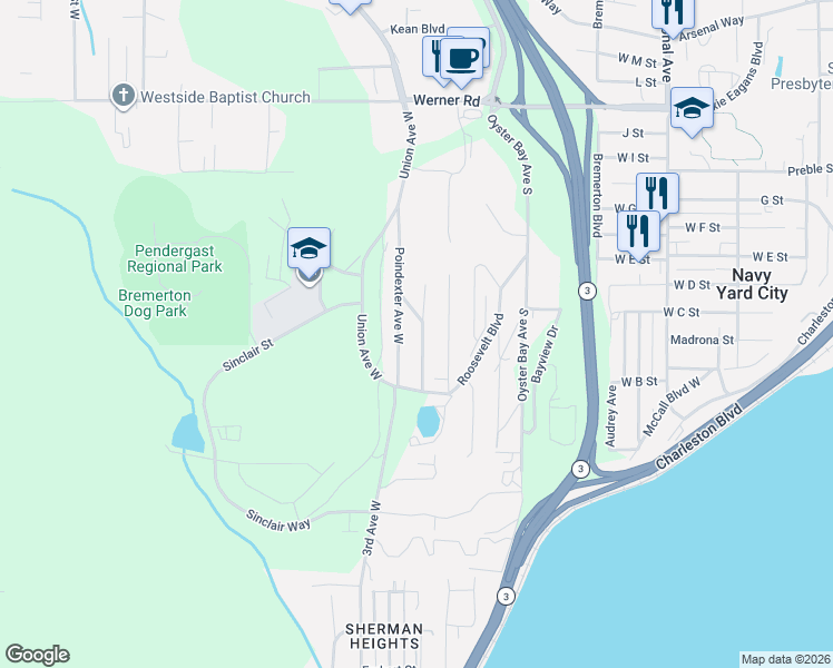 map of restaurants, bars, coffee shops, grocery stores, and more near 1307 Humphrey Avenue West in Bremerton