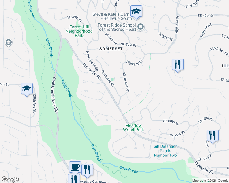 map of restaurants, bars, coffee shops, grocery stores, and more near 5617 134th Avenue Southeast in Bellevue