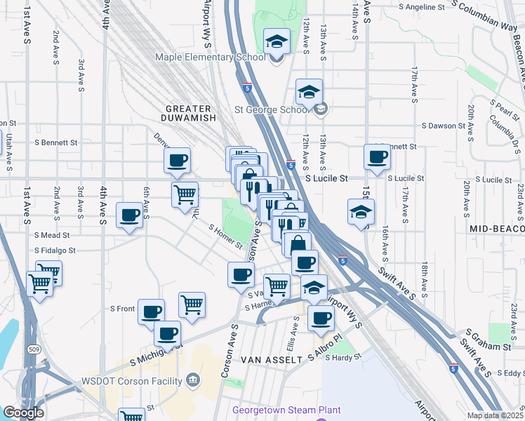 map of restaurants, bars, coffee shops, grocery stores, and more near 5519 Airport Way S in Seattle