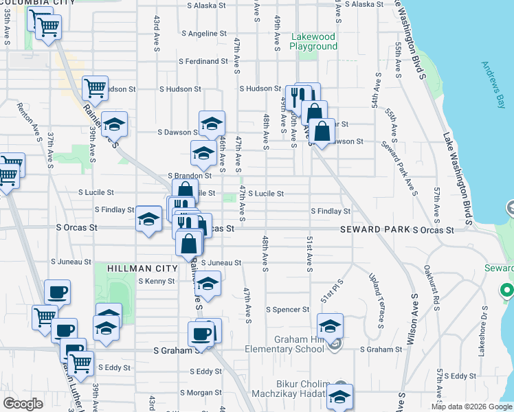 map of restaurants, bars, coffee shops, grocery stores, and more near 4800 South Orcas Street in Seattle