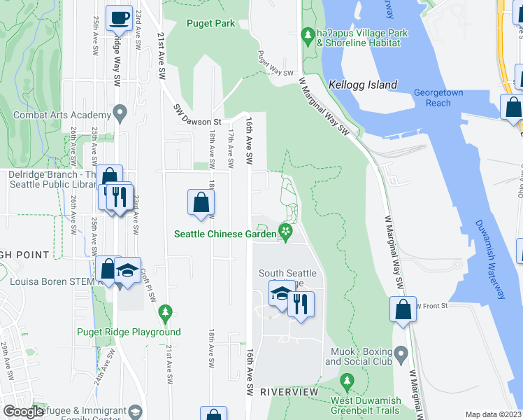 map of restaurants, bars, coffee shops, grocery stores, and more near 1506 Southwest Findlay Street in Seattle