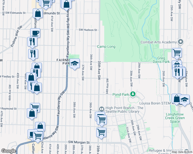 map of restaurants, bars, coffee shops, grocery stores, and more near 5457 35th Avenue Southwest in Seattle