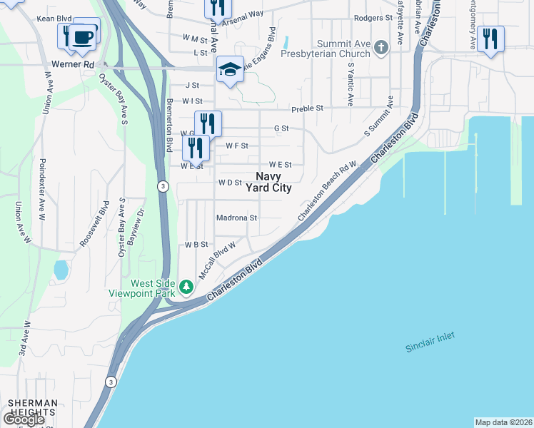 map of restaurants, bars, coffee shops, grocery stores, and more near 3647 McCall Boulevard West in Bremerton