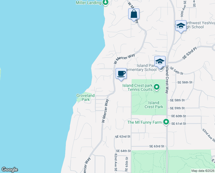 map of restaurants, bars, coffee shops, grocery stores, and more near 5601 West Mercer Way in Mercer Island