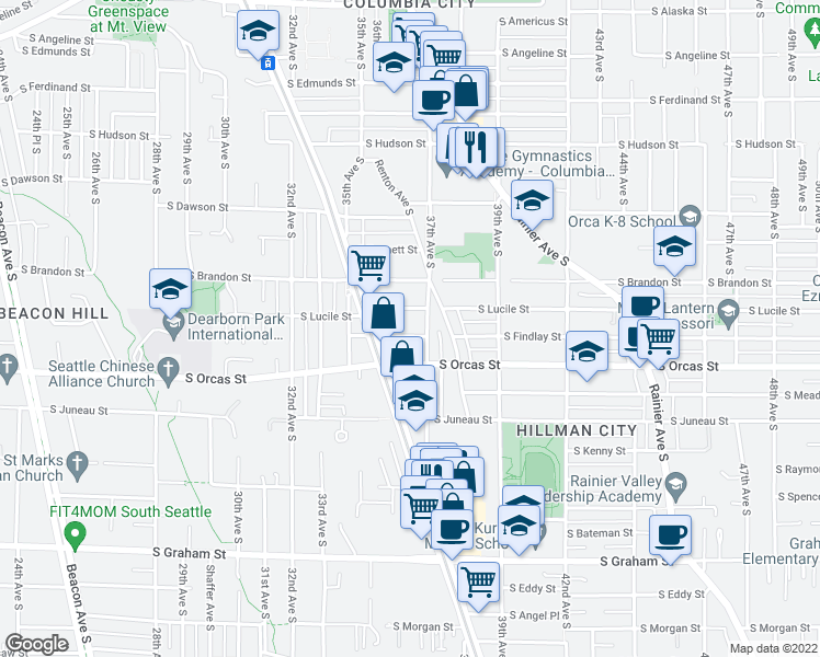 map of restaurants, bars, coffee shops, grocery stores, and more near 3612 South Orcas Street in Seattle