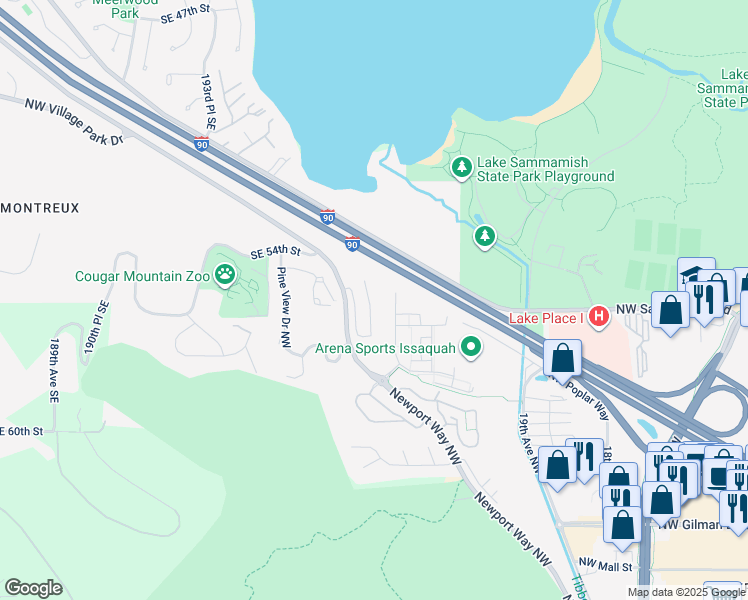 map of restaurants, bars, coffee shops, grocery stores, and more near 2450 Newport Way Northwest in Issaquah