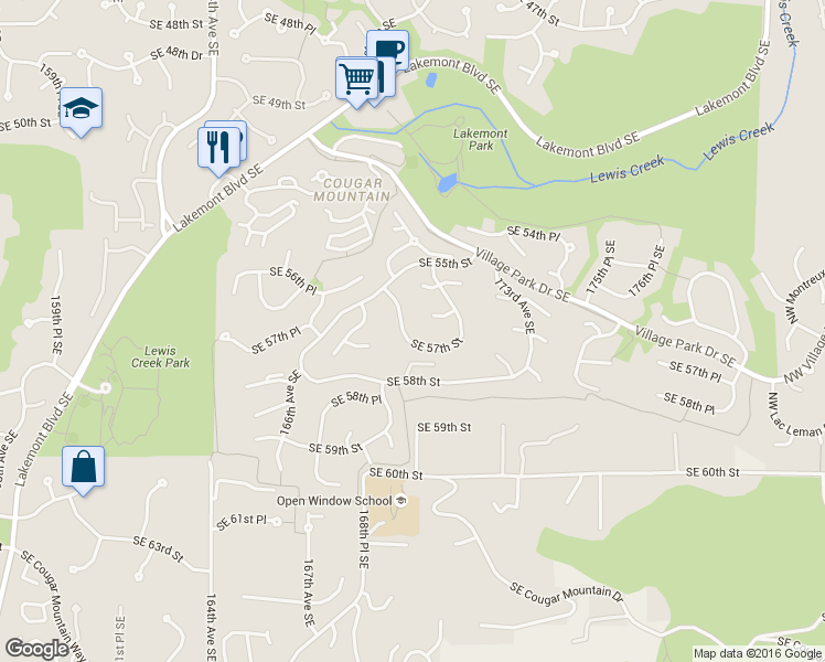map of restaurants, bars, coffee shops, grocery stores, and more near 16950 Southeast 58th Street in Bellevue