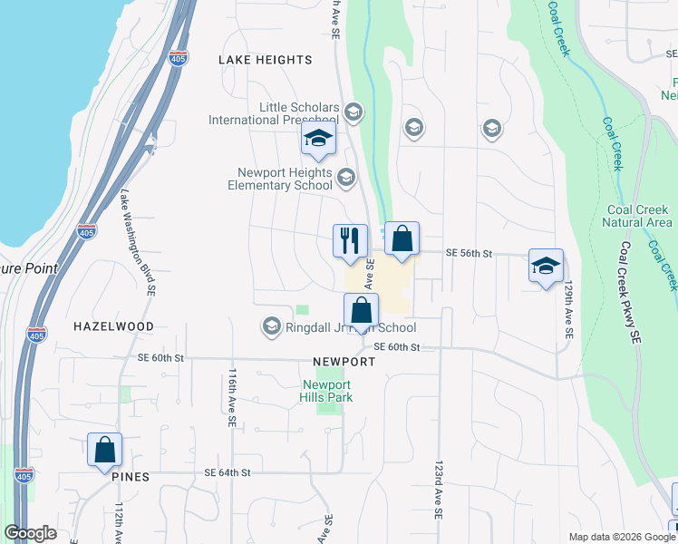 map of restaurants, bars, coffee shops, grocery stores, and more near 11719 Southeast 58th Street in Bellevue