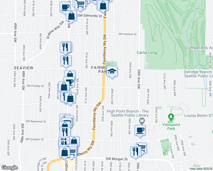 map of restaurants, bars, coffee shops, grocery stores, and more near 5613 38th Avenue Southwest in Seattle