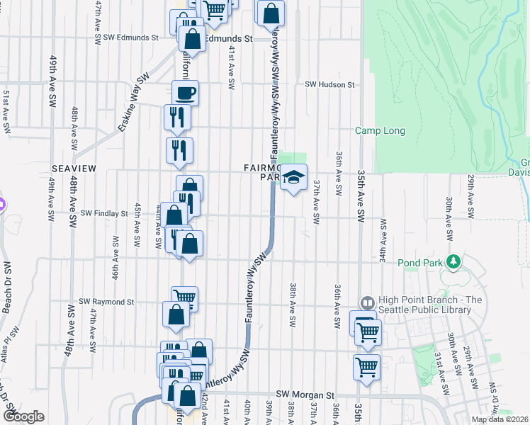 map of restaurants, bars, coffee shops, grocery stores, and more near 5617 Fauntleroy Way Southwest in Seattle