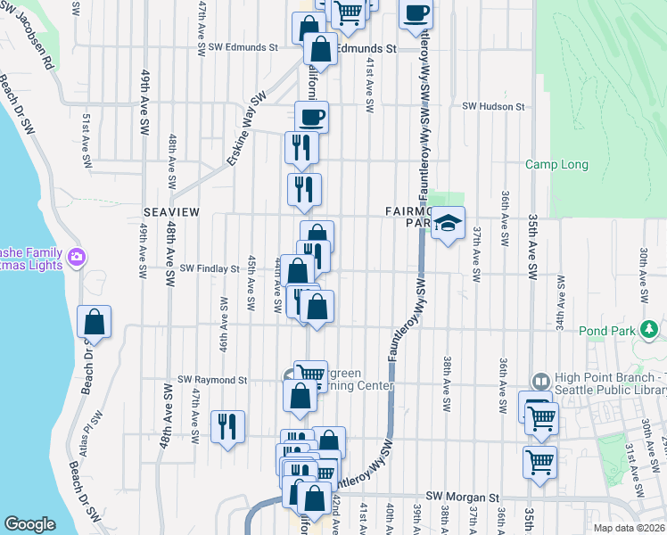 map of restaurants, bars, coffee shops, grocery stores, and more near 5616 California Avenue Southwest in Seattle