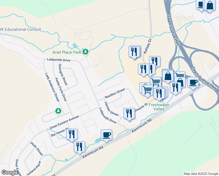 map of restaurants, bars, coffee shops, grocery stores, and more near Maurice Putt Crescent in St. John's