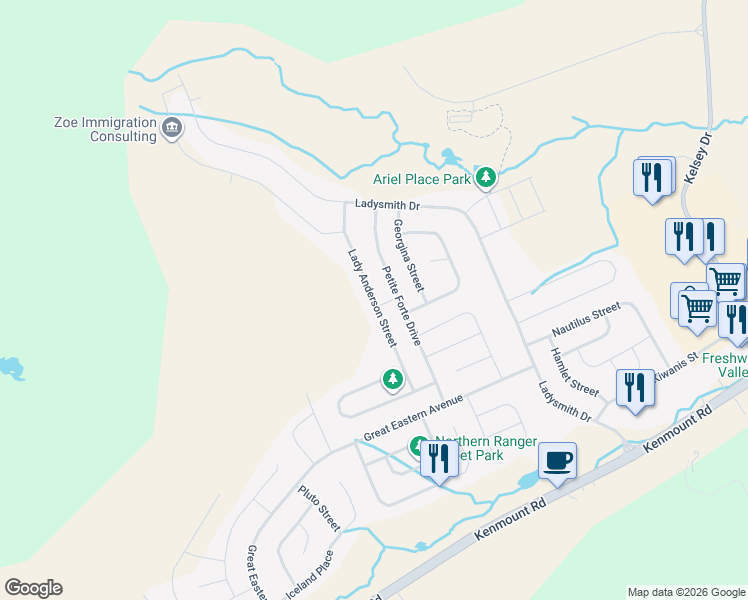 map of restaurants, bars, coffee shops, grocery stores, and more near Lady Anderson Street in St. John's