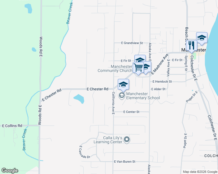 map of restaurants, bars, coffee shops, grocery stores, and more near 7158 East Chester Road in Port Orchard