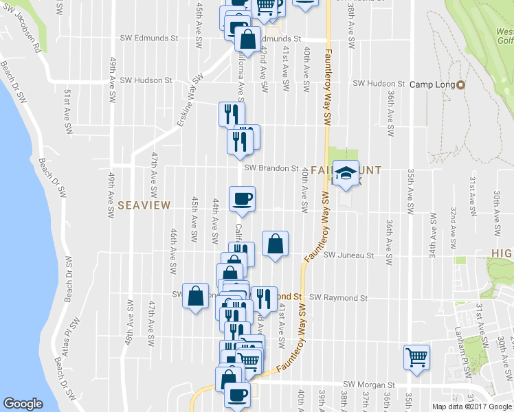 map of restaurants, bars, coffee shops, grocery stores, and more near 5455 42nd Avenue Southwest in Seattle