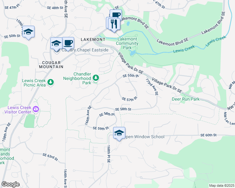 map of restaurants, bars, coffee shops, grocery stores, and more near 5562 168th Place Southeast in Bellevue