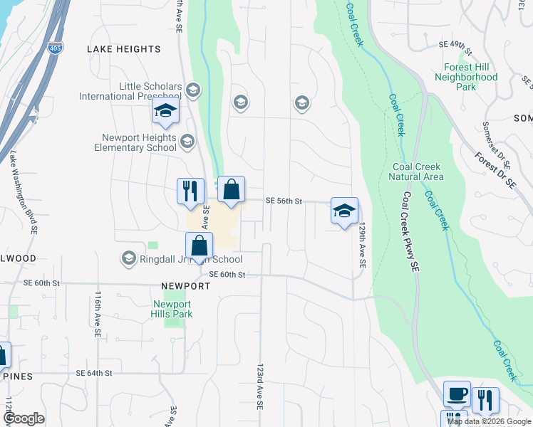 map of restaurants, bars, coffee shops, grocery stores, and more near 5512 123rd Avenue Southeast in Bellevue