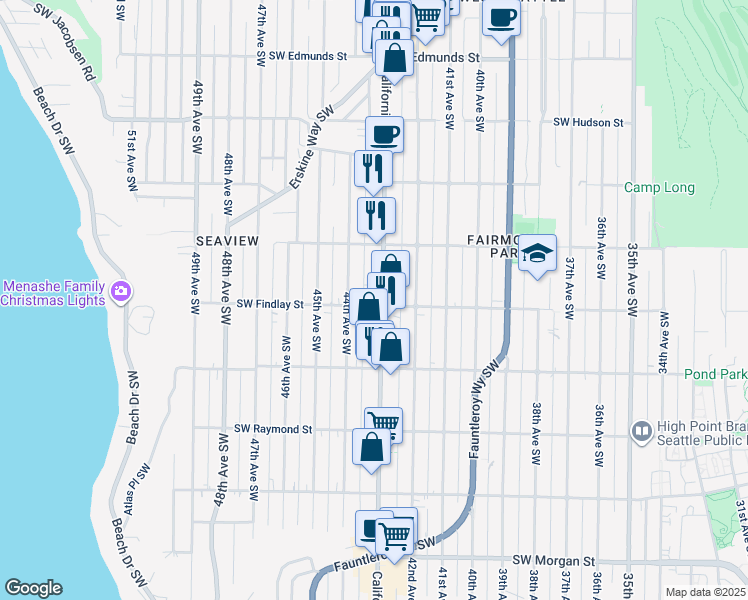 map of restaurants, bars, coffee shops, grocery stores, and more near 5430 44th Avenue Southwest in Seattle