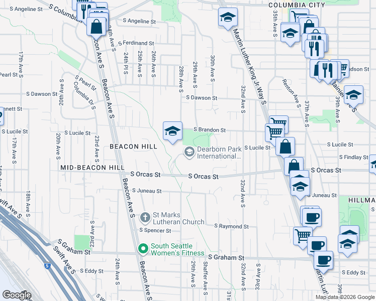 map of restaurants, bars, coffee shops, grocery stores, and more near 2820 South Orcas Street in Seattle