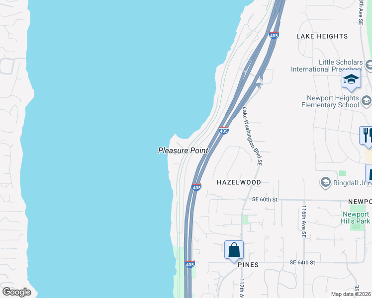 map of restaurants, bars, coffee shops, grocery stores, and more near 5632 Pleasure Point Lane Southeast in Bellevue