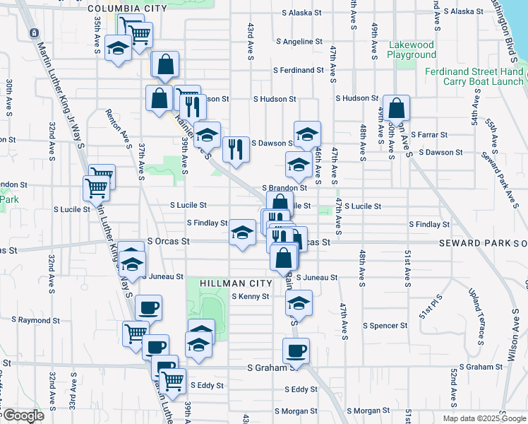 map of restaurants, bars, coffee shops, grocery stores, and more near 5418 Rainier Avenue South in Seattle