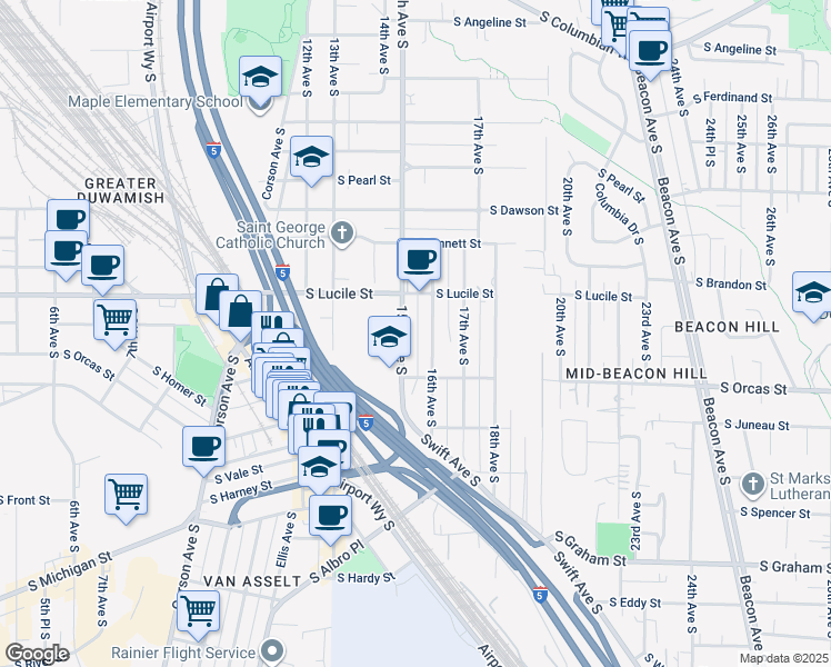 map of restaurants, bars, coffee shops, grocery stores, and more near in Seattle