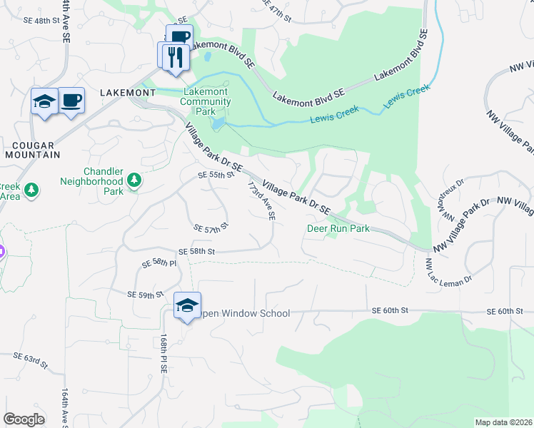 map of restaurants, bars, coffee shops, grocery stores, and more near 17288 Southeast 57th Place in Bellevue