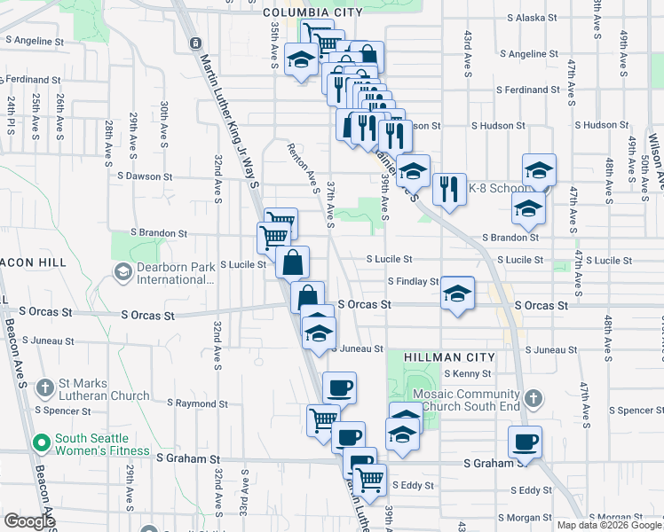 map of restaurants, bars, coffee shops, grocery stores, and more near 5411 Renton Avenue South in Seattle