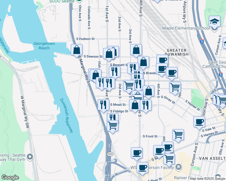 map of restaurants, bars, coffee shops, grocery stores, and more near 5516 1st Avenue South in Seattle