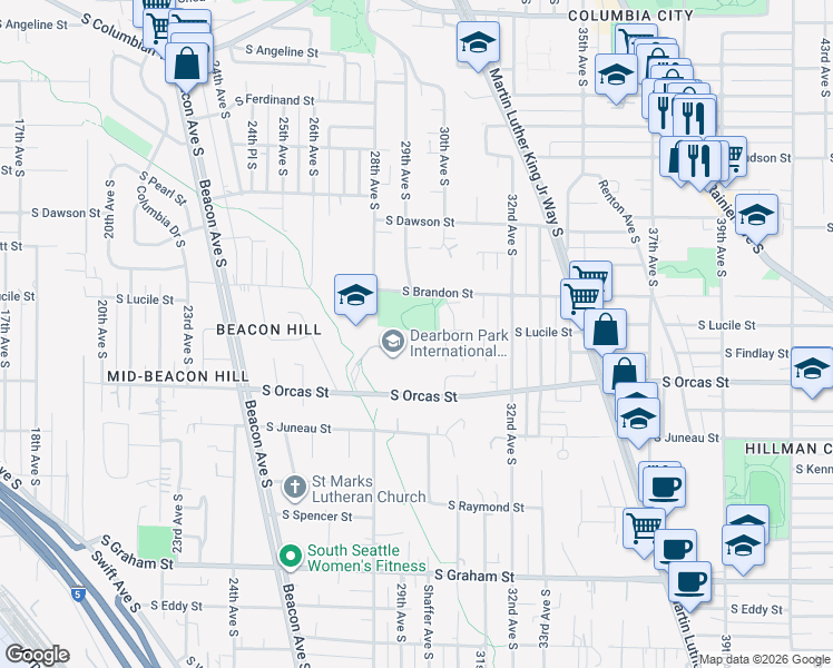 map of restaurants, bars, coffee shops, grocery stores, and more near 2820 South Orcas Street in Seattle