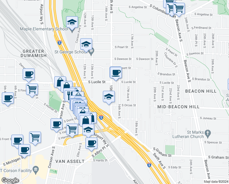 map of restaurants, bars, coffee shops, grocery stores, and more near 5532 15th Avenue South in Seattle