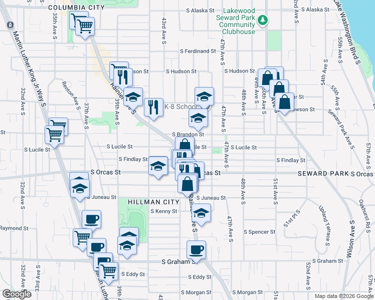 map of restaurants, bars, coffee shops, grocery stores, and more near 4536 South Lucile Street in Seattle