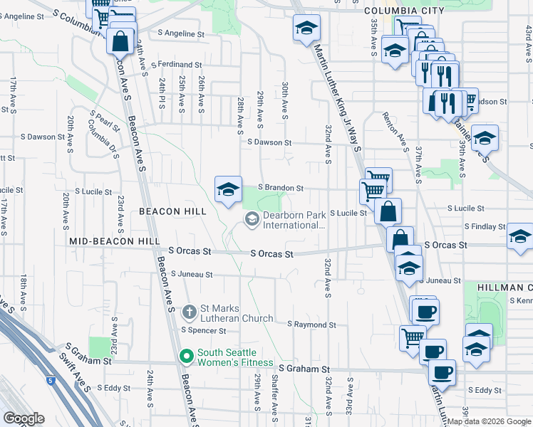 map of restaurants, bars, coffee shops, grocery stores, and more near 2919 South Brandon Street in Seattle