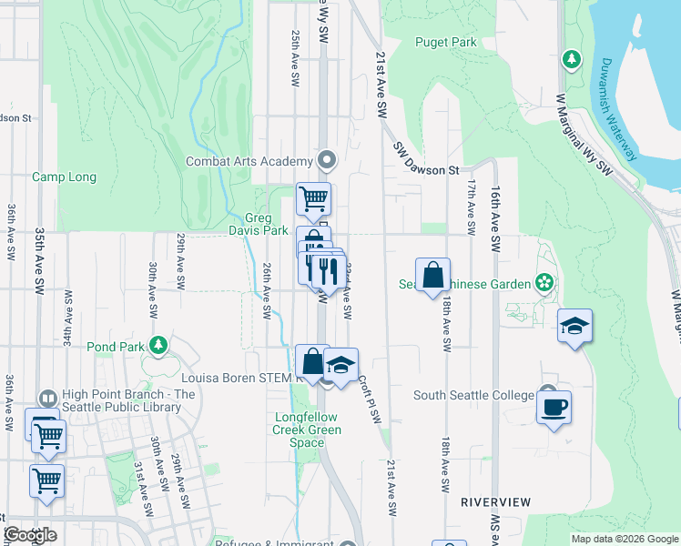 map of restaurants, bars, coffee shops, grocery stores, and more near 5420 Delridge Way Southwest in Seattle