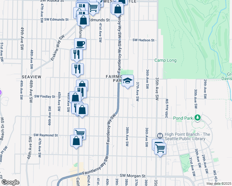map of restaurants, bars, coffee shops, grocery stores, and more near 5427 Fauntleroy Way Southwest in Seattle
