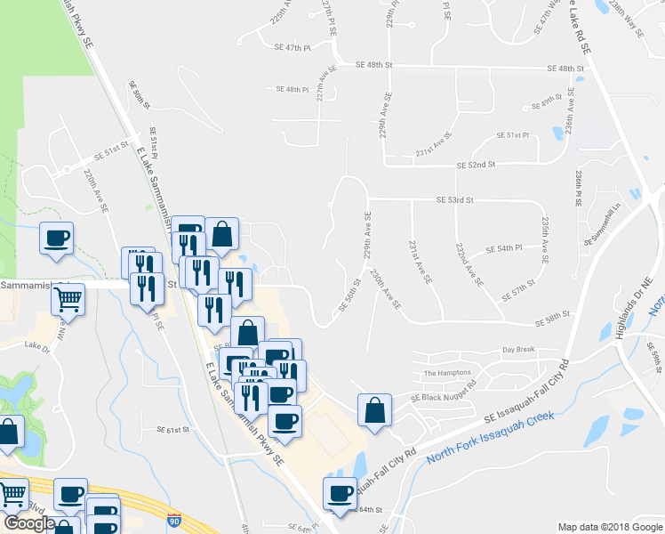 map of restaurants, bars, coffee shops, grocery stores, and more near 5370 228th Avenue Southeast in Issaquah
