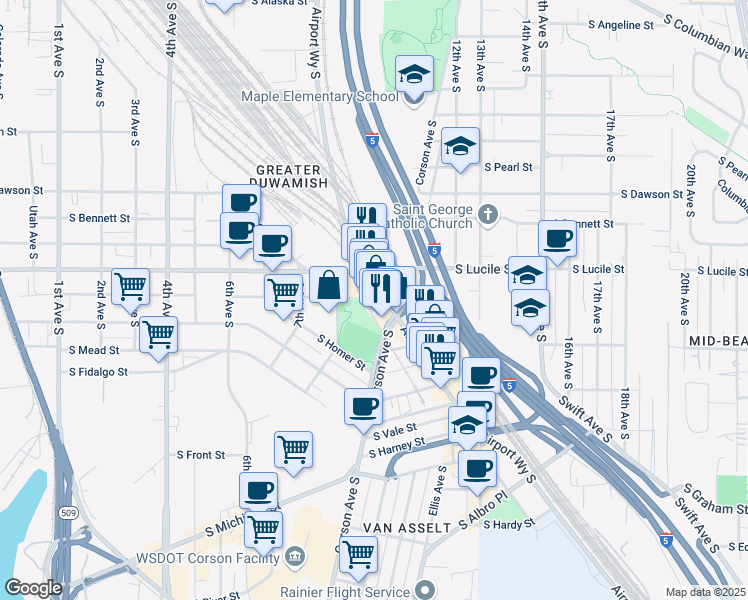 map of restaurants, bars, coffee shops, grocery stores, and more near 5519 Airport Way South in Seattle