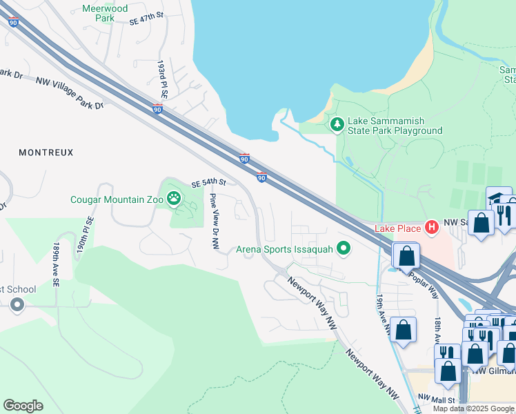map of restaurants, bars, coffee shops, grocery stores, and more near 2450 Newport Way Northwest in Issaquah
