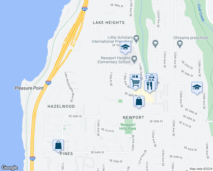 map of restaurants, bars, coffee shops, grocery stores, and more near 5636 116th Avenue Southeast in Bellevue