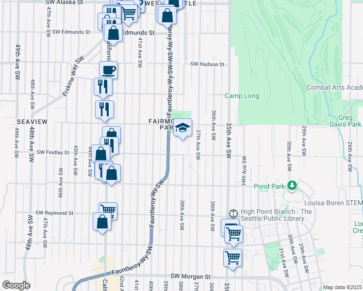 map of restaurants, bars, coffee shops, grocery stores, and more near 3800 Southwest Findlay Street in Seattle