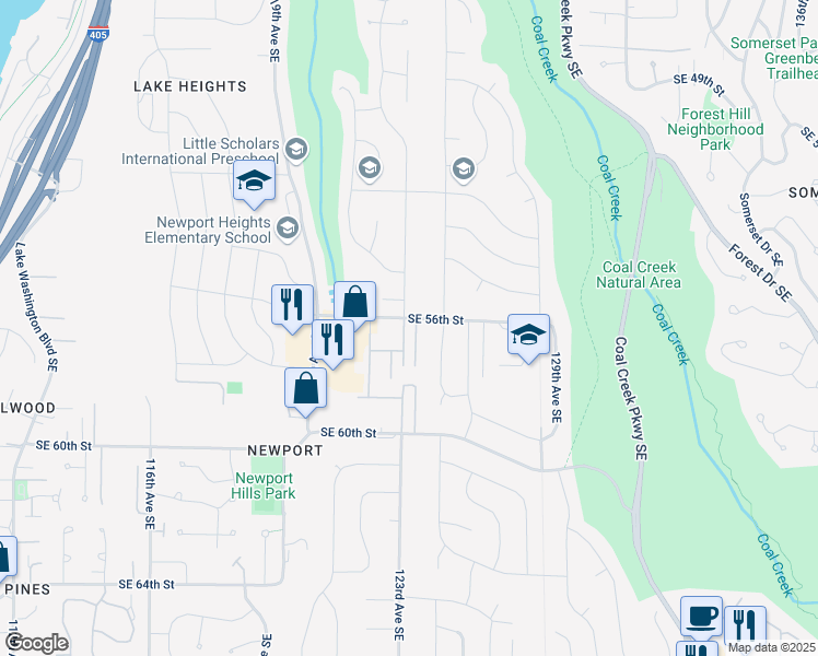map of restaurants, bars, coffee shops, grocery stores, and more near 5512 123rd Avenue Southeast in Bellevue