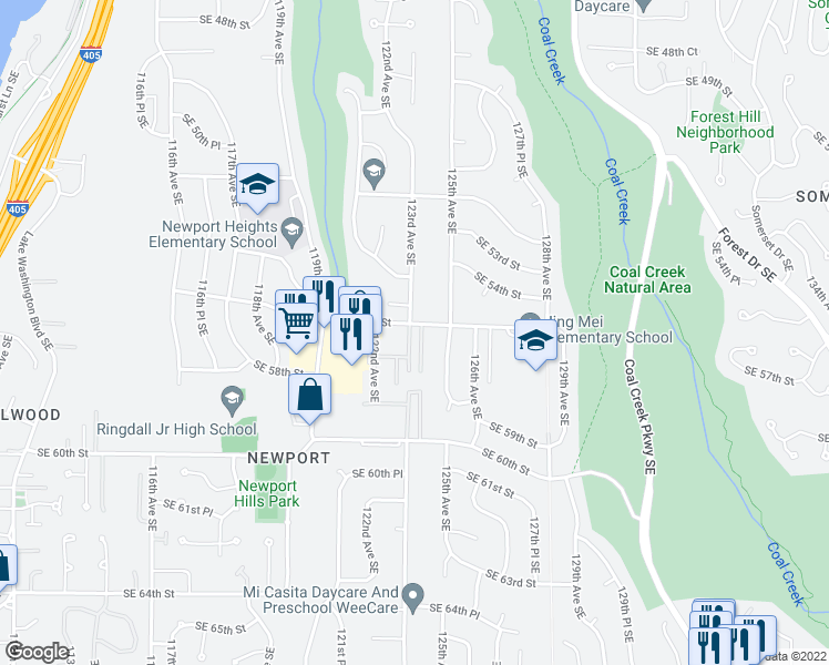 map of restaurants, bars, coffee shops, grocery stores, and more near 5512 123rd Avenue Southeast in Bellevue