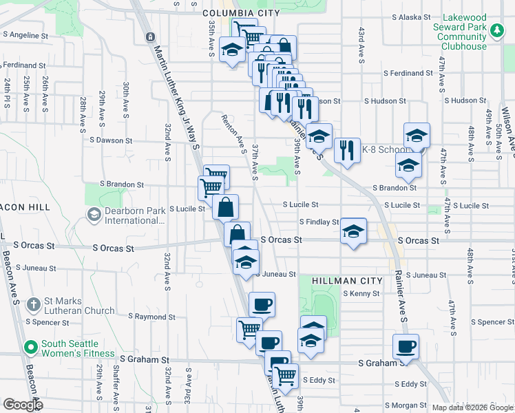 map of restaurants, bars, coffee shops, grocery stores, and more near 5411 Renton Avenue South in Seattle