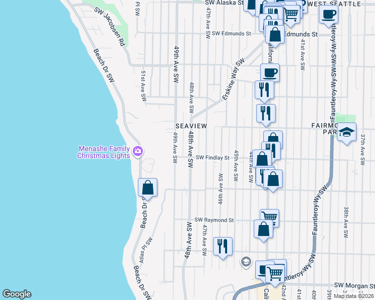 map of restaurants, bars, coffee shops, grocery stores, and more near 5431 48th Avenue Southwest in Seattle