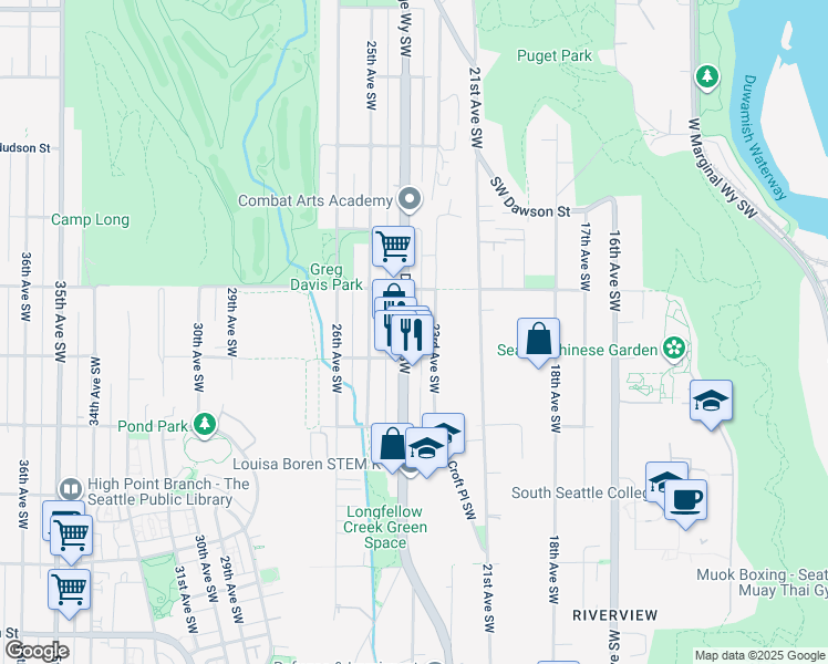 map of restaurants, bars, coffee shops, grocery stores, and more near 5444 Delridge Way Southwest in Seattle