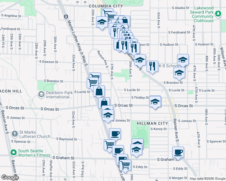 map of restaurants, bars, coffee shops, grocery stores, and more near 5411 Renton Avenue South in Seattle