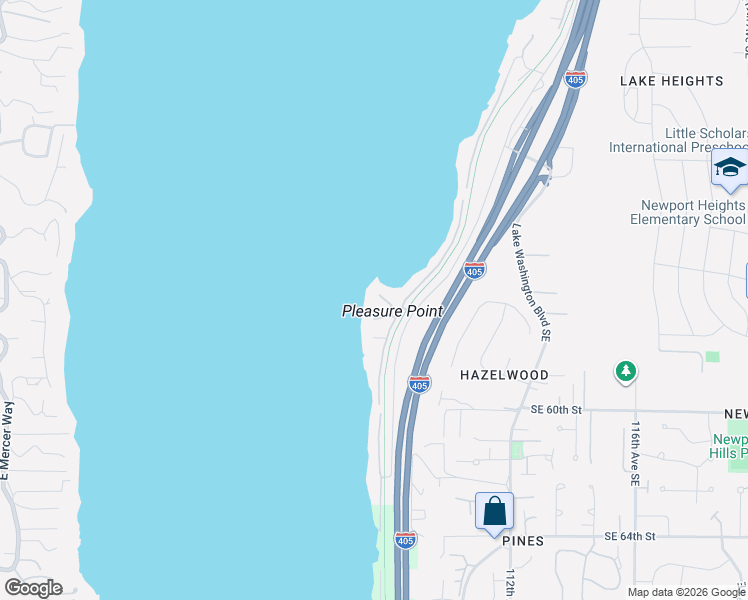 map of restaurants, bars, coffee shops, grocery stores, and more near 5629 Pleasure Point Lane Southeast in Bellevue