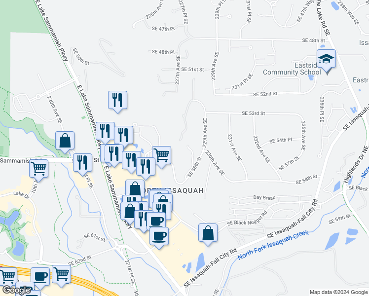 map of restaurants, bars, coffee shops, grocery stores, and more near 5370 228th Avenue Southeast in Issaquah