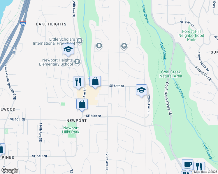 map of restaurants, bars, coffee shops, grocery stores, and more near 5512 123rd Avenue Southeast in Bellevue